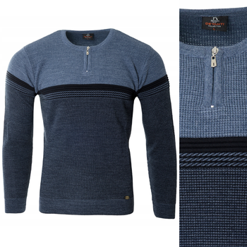 Sweter męski z okrągłym dekoltem na krótki zamek niebieski klasyczny - Devanti