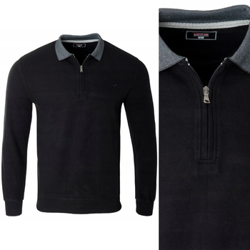 Bluza męska czarna z kołnierzykiem na zamek ze ściągaczami bawełna - Reymo
