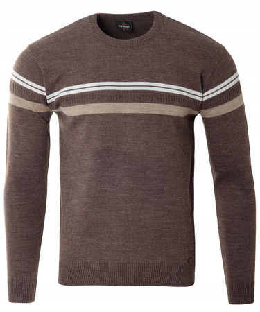 Sweter męski z okrągłym dekoltem brązowy wzór pasy wełniany klasyczny - Devanti