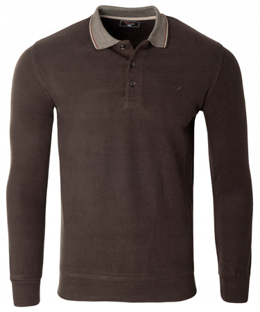 Bluza męska ciemno-brązowa gładka z kołnierzykiem polo na guziki ze ściągaczami bawełniana - Reymo
