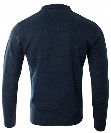 Bluza męska z kołnierzykiem polo na guziki granatowa gładka ze ściągaczami wełniana - Reymo