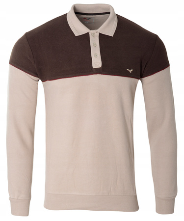 Bluza męska brązowo-beżowa z kołnierzykiem polo na guziki ze ściągaczami bawełna - Reymo