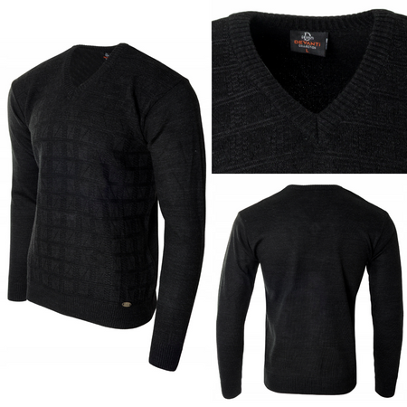 Sweter męski czarny dekolt w serek V wzór kratka wełniany turecka Devanti