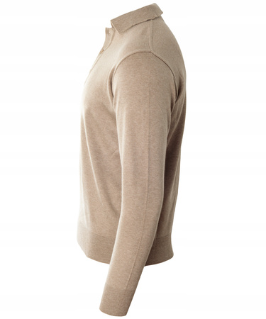 Sweter męski beżowy z kołnierzykiem na guziki ze ściągaczami wełna gładki Devir Orme