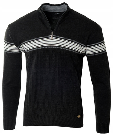 Sweter męski półgolf krótki zamek wełniany czarny pasy klasyczny - Devanti