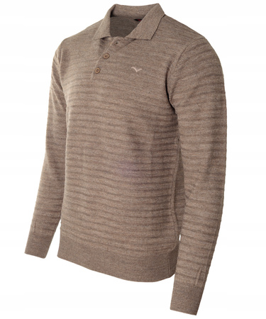 Bluza męska z kołnierzykiem polo na guziki brązowa wzór w pasy ze ściągaczami bawełniana - Reymo