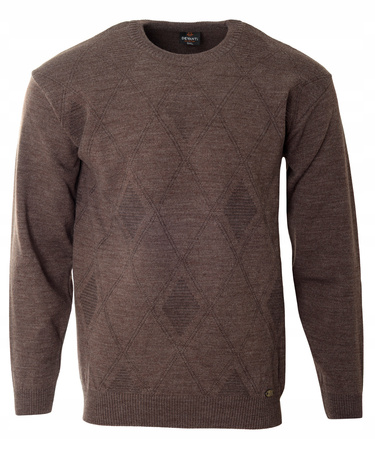 Sweter męski z okrągłym dekoltem brązowy wzór geometryczny wełna klasyczny - Devanti