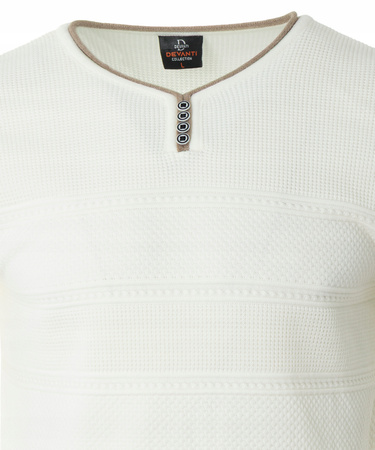 Sweter męski z okrągłym dekoltem krótkie zapięcie na guziki ecru pasy klasyczny - Devanti