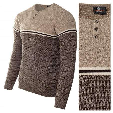 Sweter męski z okrągłym dekoltem krótkie zapięcie na guziki brązowy klasyczny - Devanti