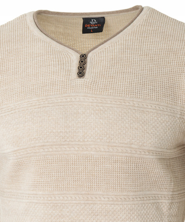 Sweter męski z okrągłym dekoltem krótkie zapięcie na guziki jasno-beżowy pasy klasyczny - Devanti