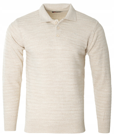 Bluza męska z kołnierzykiem polo na guziki beżowa wzór w pasy ze ściągaczami bawełniana - Reymo