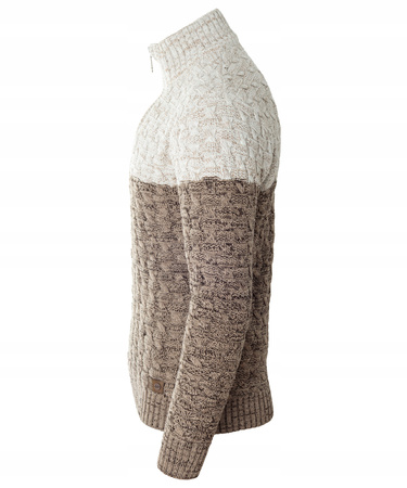 Sweter męski półgolf na krótki zamek jesienny brązowo-beżowy ze wzorem wełniany ciepły - Devanti