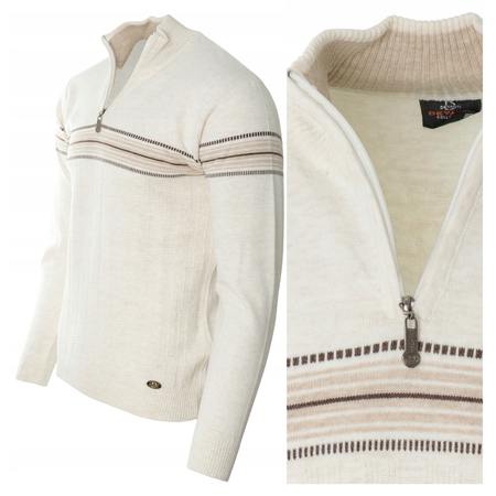 Sweter męski półgolf krótki zamek wełniany jasno-beżowy pasy klasyczny - Devanti