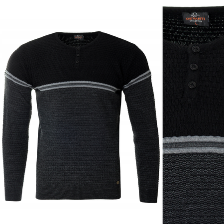 Sweter męski z okrągłym dekoltem krótkie zapięcie na guziki szaro-czarny klasyczny - Devanti