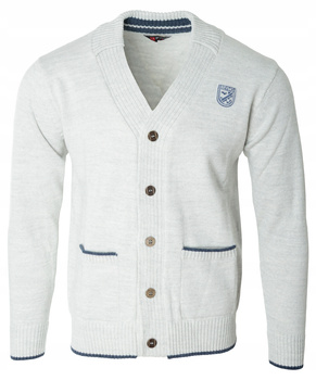 Sweter męski kardigan zapinany na guziki jesienny jasno-szary gładki ciepły wełniany - Reymo