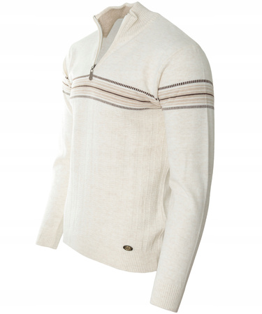 Sweter męski półgolf krótki zamek wełniany jasno-beżowy pasy klasyczny - Devanti