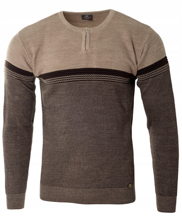 Sweter męski z okrągłym dekoltem na krótki zamek brązowy klasyczny - Devanti