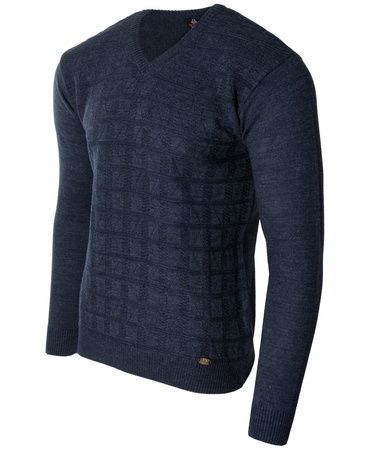 Sweter męski granatowy dekolt w serek V wzór kratka wełniany turecka Devanti