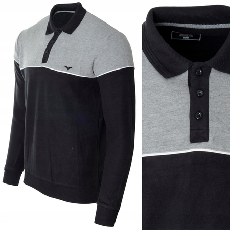 Bluza męska szaro-czarna z kołnierzykiem polo na guziki ze ściągaczami bawełna - Reymo