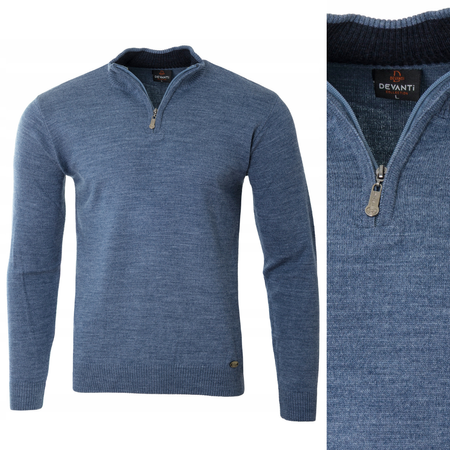 Sweter męski półgolf krótkie zapięcie na zamek niebieski gładki klasyczny - Devanti