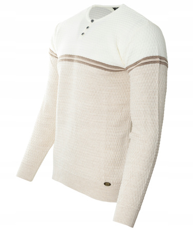 Sweter męski z okrągłym dekoltem krótkie zapięcie na guziki beżowo-biały klasyczny - Devanti
