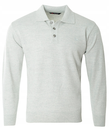Bluza męska z kołnierzykiem polo na guziki jasno-szara gładka ze ściągaczami wełniana - Reymo