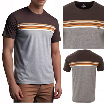 Koszulka męska t-shirt brązowo-szara paski dekolt pod szyję - Reymo