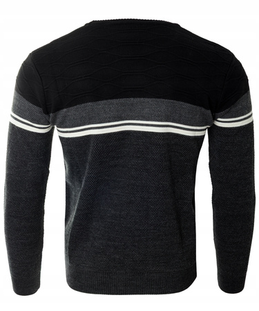 Sweter męski z okrągłym dekoltem czarny wzór pasy wełniany klasyczny - Devanti