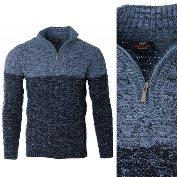 Sweter męski półgolf na krótki zamek jesienny granatowo-niebieski ze wzorem wełniany ciepły - Devanti