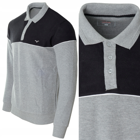 Bluza męska czarno-szara z kołnierzykiem polo na guziki ze ściągaczami bawełna - Reymo