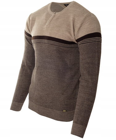 Sweter męski z okrągłym dekoltem na krótki zamek brązowy klasyczny - Devanti