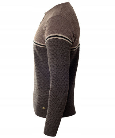 Sweter męski z okrągłym dekoltem krótkie zapięcie na guziki ciemno-brązowy klasyczny - Devanti