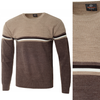 Sweter męski z okrągłym dekoltem brązowy wzór pasy wełniany klasyczny - Devanti