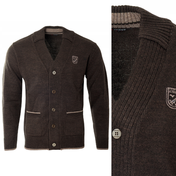 Sweter męski kardigan zapinany na guziki jesienny brązowy gładki ciepły wełniany - Reymo
