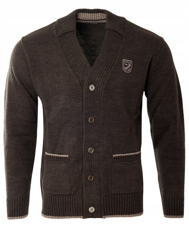 Sweter męski kardigan zapinany na guziki jesienny brązowy gładki ciepły wełniany - Reymo