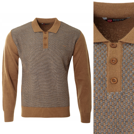 Sweter męski brązowy z kołnierzykiem polo na guziki ze ściągaczami wełna we wzór - Reymo