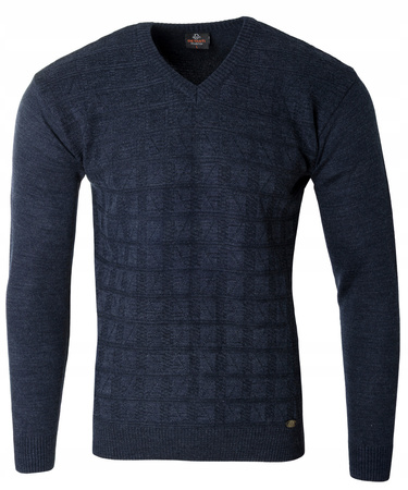Sweter męski granatowy dekolt w serek V wzór kratka wełniany turecka Devanti