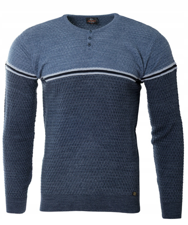 Sweter męski z okrągłym dekoltem krótkie zapięcie na guziki niebieski klasyczny - Devanti