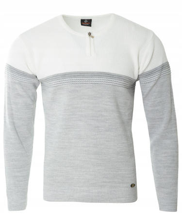 Sweter męski z okrągłym dekoltem na krótki zamek szaro-biały klasyczny - Devanti