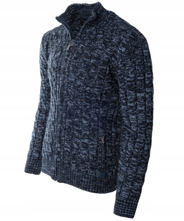 Sweter męski półgolf rozpinany jesienny granatowy ze wzorem wełniany ciepły - Devanti