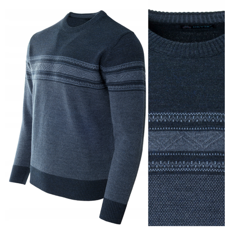 Sweter męski z okrągłym dekoltem ciemno-niebieski wzór pasy wełna klasyczny - Devir