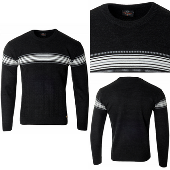 Sweter męski z okrągłym dekoltem czarny pasy klasyczny - Devanti
