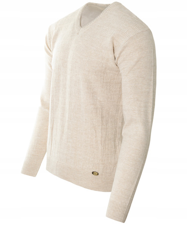 Sweter męski beżowy dekolt w serek V wzór kratka wełniany turecka Devanti