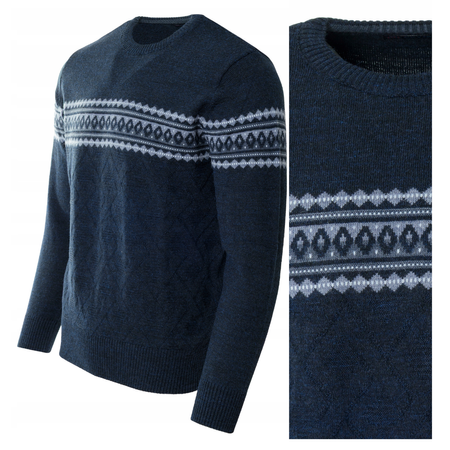 Sweter męski z okrągłym dekoltem granatowy wzór pasy wełna klasyczny - Devir