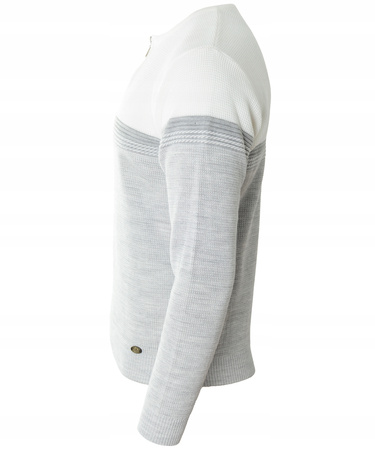 Sweter męski z okrągłym dekoltem na krótki zamek szaro-biały klasyczny - Devanti