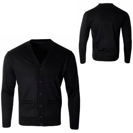 Sweter męski kardigan zapinany na guziki jesienny V-dekolt czarny gładki wełniany - Devir Orme
