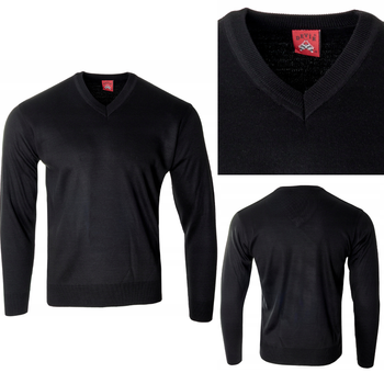 Sweter męski z dekoltem w serek wełniany czarny gładki klasyczny - Devir