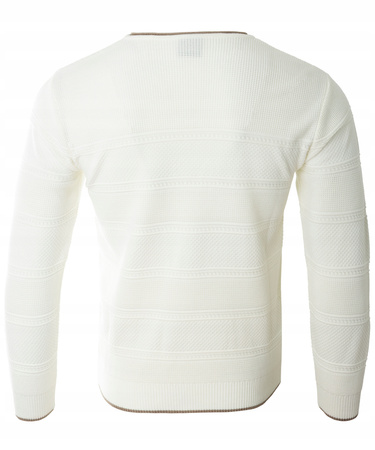 Sweter męski z okrągłym dekoltem krótkie zapięcie na guziki ecru pasy klasyczny - Devanti