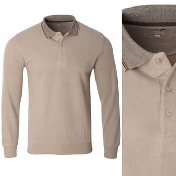 Bluza męska beżowa gładka z kołnierzykiem polo na guziki ze ściągaczami bawełniana - Reymo