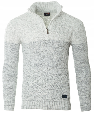 Sweter męski półgolf na krótki zamek jesienny szary ze wzorem wełniany ciepły - Devanti 